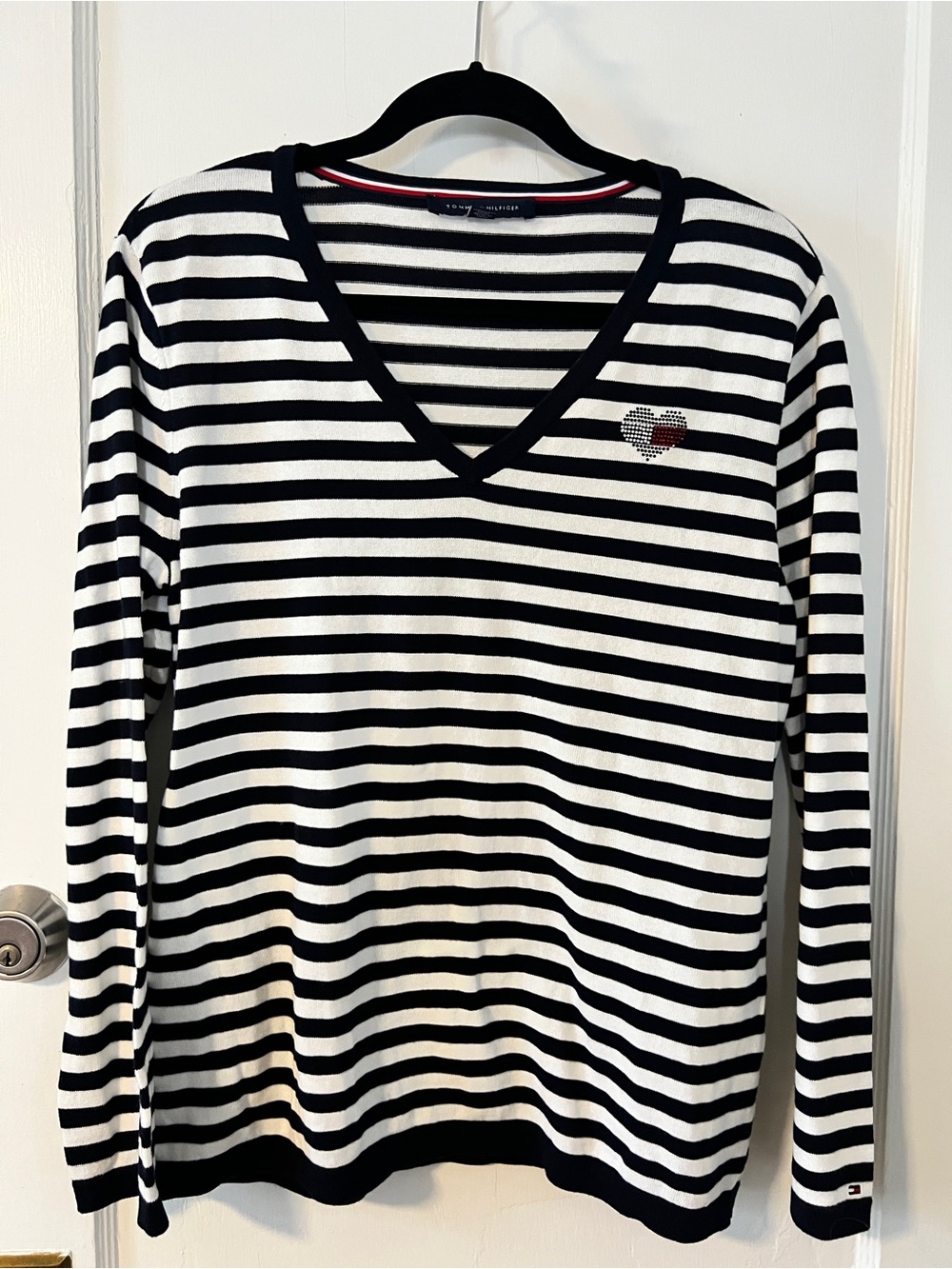 Tommy Hilfiger Striped V-Neck Sweater Rhinestone Heart 4th of July Preppy size L